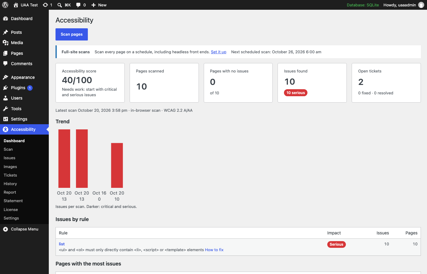 The Accessibility dashboard in wp-admin: a score of 40 out of 100, 13 pages scanned, issues found by severity, and a table of issues by rule.