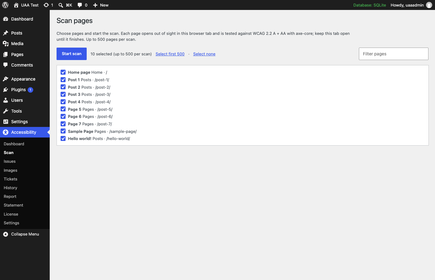 The Scan screen: a list of the site's pages with checkboxes, a Start scan button and how many pages are selected.
