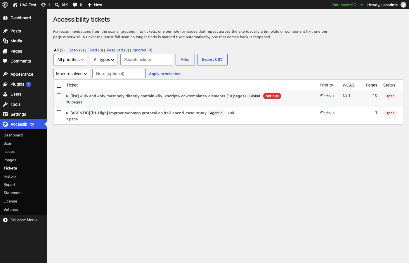 The Pro Tickets screen: issues grouped into site-wide and single-page tickets with priority, WCAG criteria and status.
